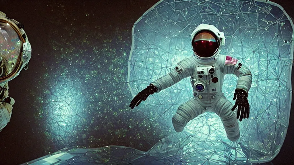 Image similar to a astronaut eva suit covered in diamond 3d fractal lace iridescent bubble 3d skin and covered with insectoid compound eye camera lenses floats through the living room, film still from the movie directed by Denis Villeneuve with art direction by Salvador Dalí, wide lens,