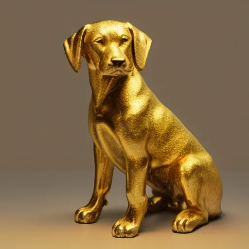 Image similar to detailed photo of a puppy statue made of gold, various posed, studio light, 8 k, photorealism, intricate detail, museum diffuse lighting