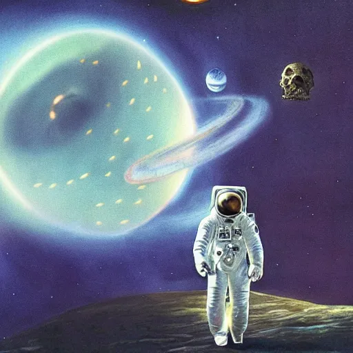 Prompt: An astronaut alone on a giant skull with the cosmos in the background by Jim Burns