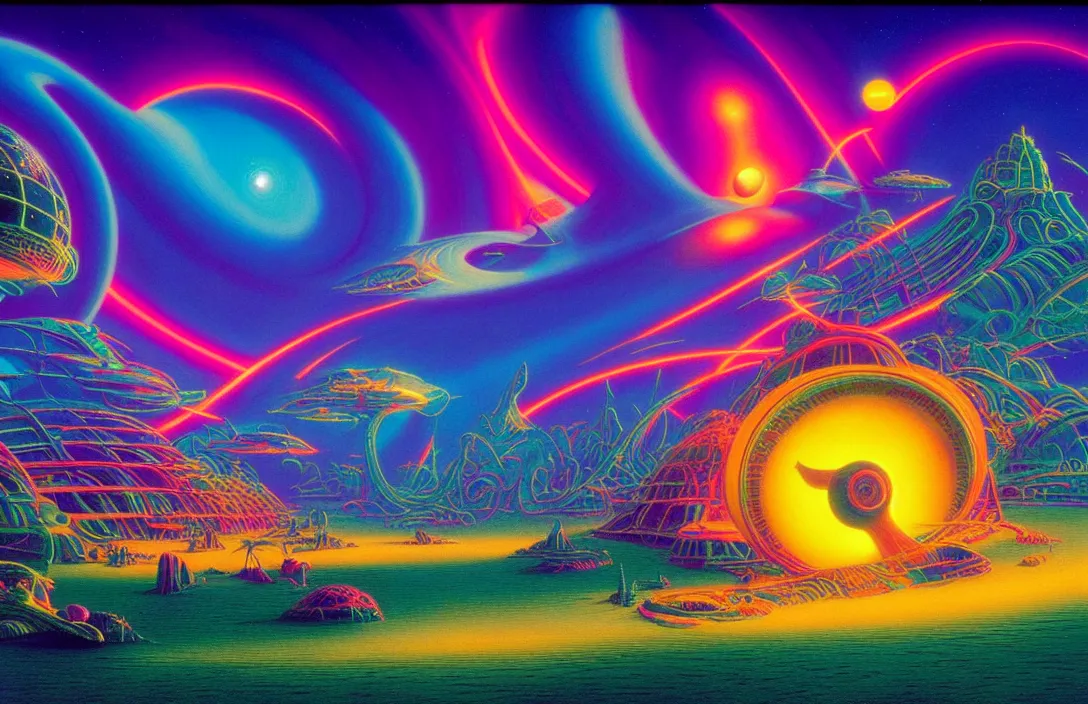 Image similar to cosmic sci - fi exotic islands, infinite psychedelic waves, synthwave, bright neon colors, highly detailed, cinematic, panoramic, tim white, michael whelan, roger dean, bob eggleton, lisa frank, vladimir kush, kubrick, james gurney, giger