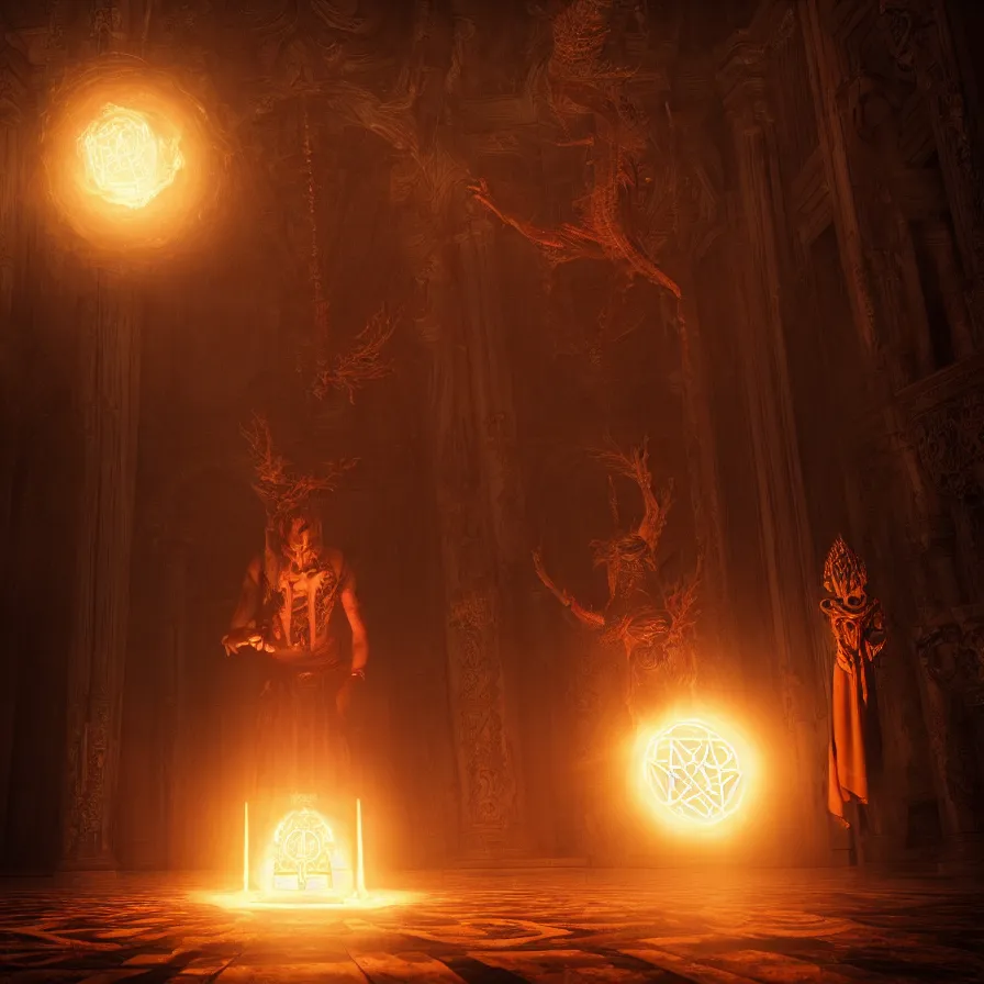 Prompt: an occult priest performs demonic ritual with magic and a glowing sigil in a fantastic temple, volumetric lighting, magical lighting, raytracing, dynamic lights and shadows, photorealistic render, digital art, wallpaper, octane, redshift, hyperdetailed, intricate details