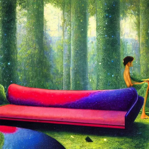 Image similar to psychedelic couch sofa in the lush forest, milky way, designed by arnold bocklin, jules bastien - lepage, tarsila do amaral, wayne barlowe and gustave baumann, cheval michael, trending on artstation, mediterranean, star, sharp focus, colorful refracted sparkles and lines, soft light, 8 k 4 k