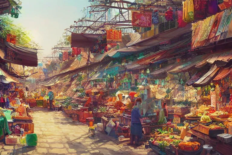 Prompt: a beautiful painting of a jungle market, Feng Zhu, digital art, artstation