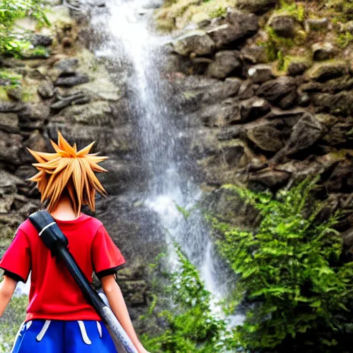 Image similar to kingdom hearts sora cosplay near waterfall close up low angle 85mm