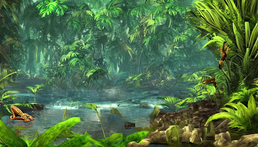 Prompt: inside a wild jungle, many animals, birds, snakes in trees, toxic flowers, lianas in trees, high trees, hyperrealistic, 4 k, artstation, ultra detailed, river through jungle, stones in river, much green, blue sky, sunny weather, colorful frogs, mystical lighting, shadows, many plants, grass