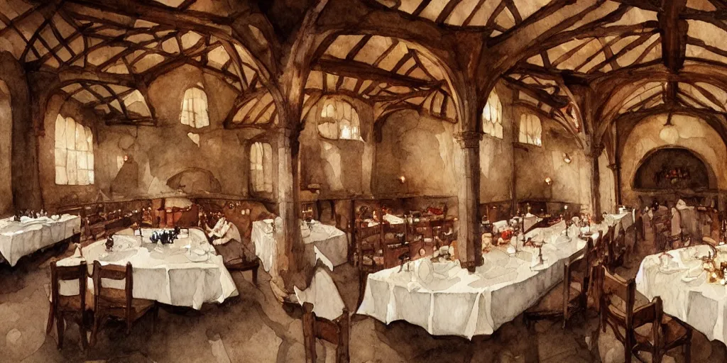 Prompt: medieval dining hall, exquisite sharp masterpiece watercolor painting, trending on artstation