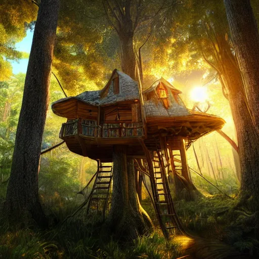 Prompt: an old mystical treehouse in the middle of witchwood swamp, golden hour, ray tracing reflection, 8k, hyper realistic, insanely detailed, hdr, octan render,