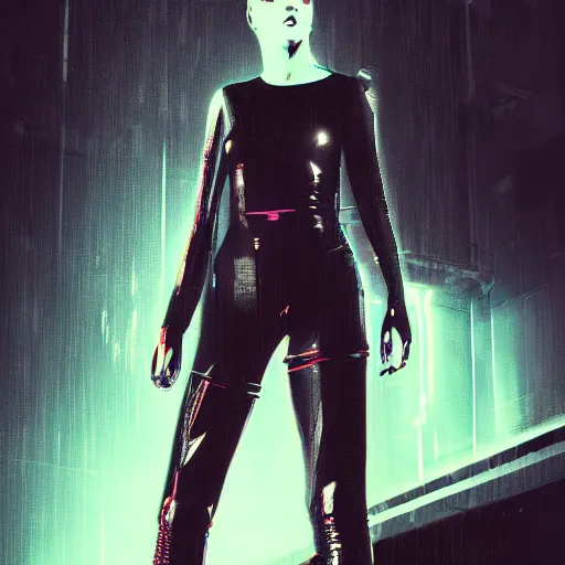 Image similar to high fashion poster clothing design photographic, majiec kuciara, cyberpunk blade runner, volumetric light, floodlight, ambient, street, dark, neon lights, artstation, high contrast, 4 k detailed