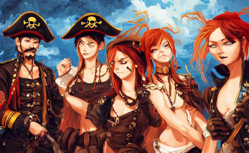 Prompt: a pirate captain commands her crew, digital painting, 4k anime wallpaper, beautiful, gorgeous, intricate and detailed brush strokes