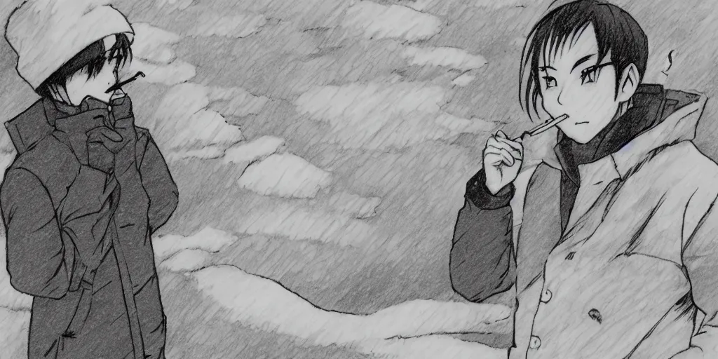 Prompt: Shuichi Akai smokes in the snow, Japanese manga style, sketch