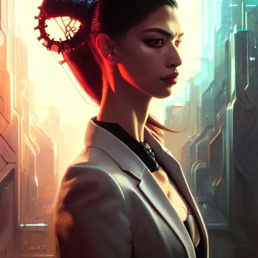 Image similar to portrait painting of a cyberpunk corporate boss amber midthunder, ultra realistic, concept art, intricate details, eerie, highly detailed, photorealistic, octane render, 8 k, unreal engine. art by artgerm and greg rutkowski and charlie bowater and magali villeneuve and alphonse mucha
