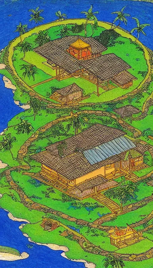Prompt: ecovillage monastery on hawaii, solarpunk, permaculture, by ivan bilibin,
