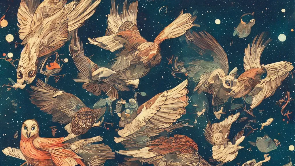 Prompt: ilya kuvshinov, mcbess, rutkowski, victo ngai, james jean, john william waterhouse, artgerm, watercolor illustration of owls flying at night, colorful, mural, deep shadows, astrophotography, highly detailed