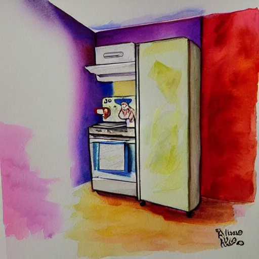 Prompt: fridge, ricardo robles, watercolor, ilustration