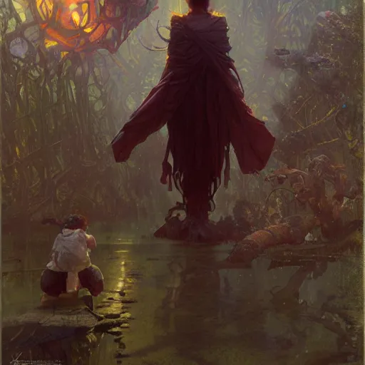 Image similar to an unimaginable artificial horror menacingly looms over a crouched, scared girl by stanley artgerm lau, greg rutkowski, thomas kindkade, alphonse mucha, loish, norman rockwell.