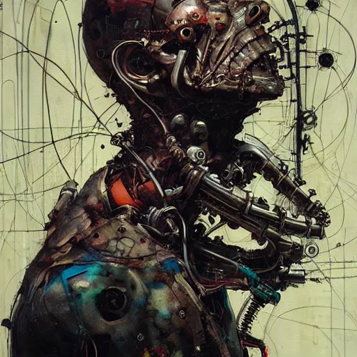 Prompt: a cyberpunk biomechanical hacker, skulls, wires cybernetic implants, machine noir grimcore, in the style of adrian ghenie esao andrews jenny saville surrealism dark art by james jean takato yamamoto and by ashley wood and mike mignola