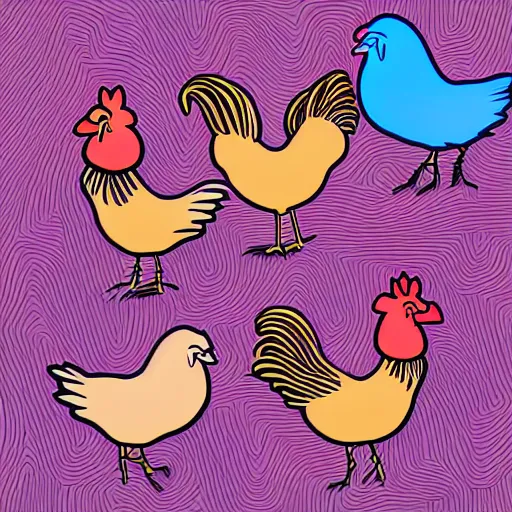 Prompt: chickens wearing vr headsets, digital illustration, synth wave