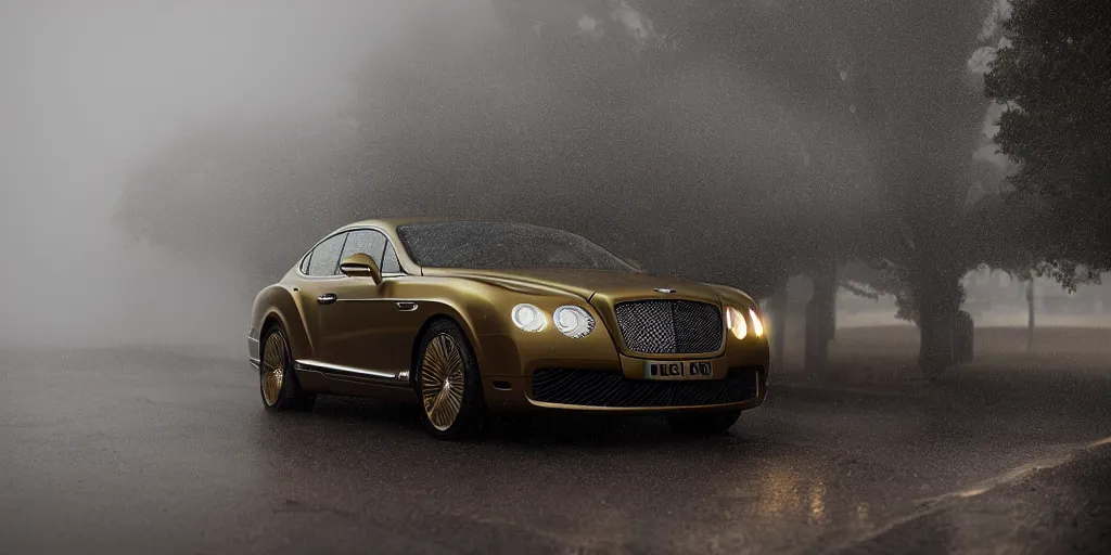 Image similar to parked Bentley Mark Iv, fog, rain, volumetric lighting, beautiful, golden hour, sharp focus, highly detailed, cgsociety