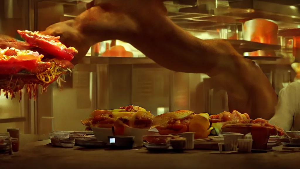 Prompt: the strange taco creature at the fast food place, film still from the movie directed by denis villeneuve and david cronenberg with art direction by salvador dali and zdzisław beksinski, wide lens