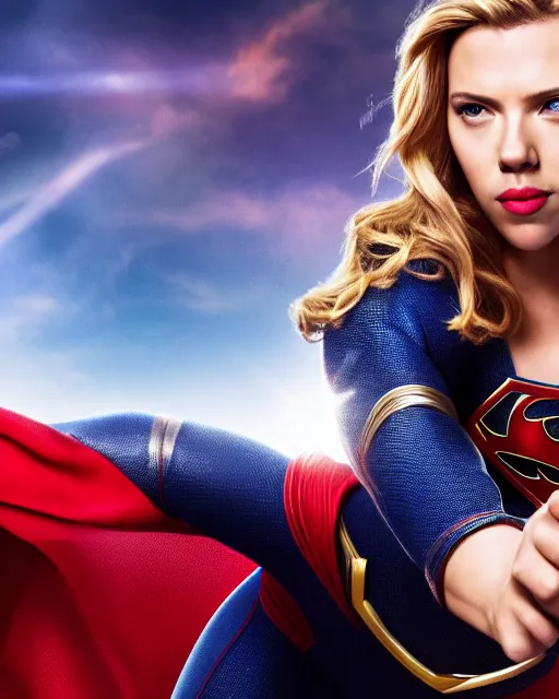 Image similar to scarlett johansson portraying a beautiful supergirl, beautiful scarlett johansson super girl, movie, hyper realistic, hollywood promotional image, imax, 8 k