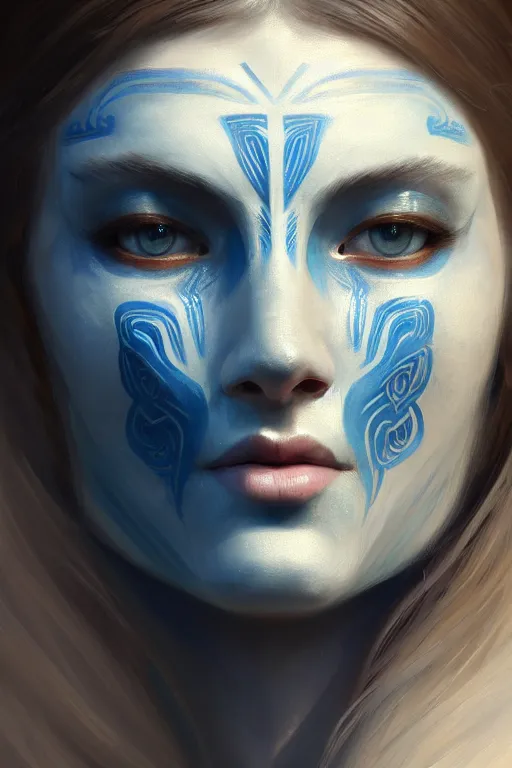 Image similar to ultra detailed facial portrait of beautiful nordic woman, blue eyes, wearing a tribal mask, extremely detailed digital painting, in the style of fenghua zhong and ruan jia and jeremy lipking and peter mohrbacher, mystical colors, rim light, beautiful lighting, 8 k, stunning scene, raytracing, octane, trending on artstation