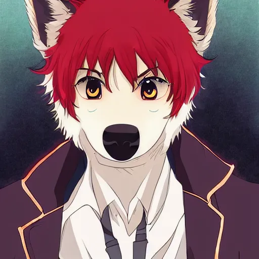 Image similar to key anime visual portrait of an anthropomorphic anthro wolf fursona, in a jacket, with handsome eyes, official modern anime art