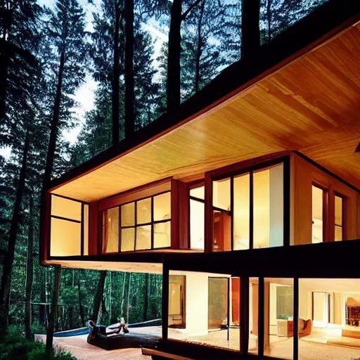 Prompt: “ large openings frame views of the villa's positioning amidst a fir - tree woodland. ”