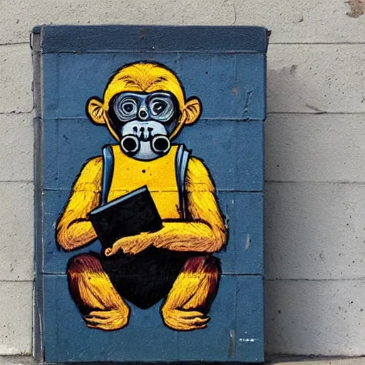 Image similar to a single Monkey reading a book, wearing a gas mask, graffiti, edge to edge, solid color background intricate, highly detailed, smooth, sharp focus, detailed face and body, high contrast, art by wrdsmth