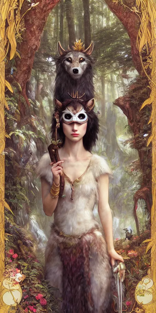 Image similar to hyper realistic Princess Mononoke wearing her mask, lush forest landscape, wolves, magic, castle, jewels, style of tom bagshaw, mucha, james gurney, norman rockwell, gems and gold, waterfalls, denoised, sharp,