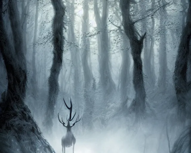 Image similar to 5 5 mm portrait photo of a man with pitch black skin, white eyes, and long antlers in a magical forest. magical atmosphere. art by greg rutkowski and luis royo. highly detailed 8 k. intricate. lifelike. soft light. nikon d 8 5 0.