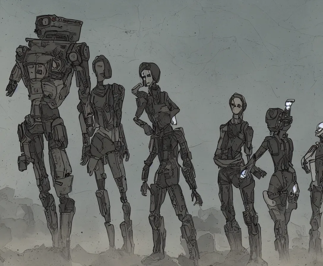 Image similar to androids in a post-apocalyptic world, desolate, sandy, foggy, borderlands art style