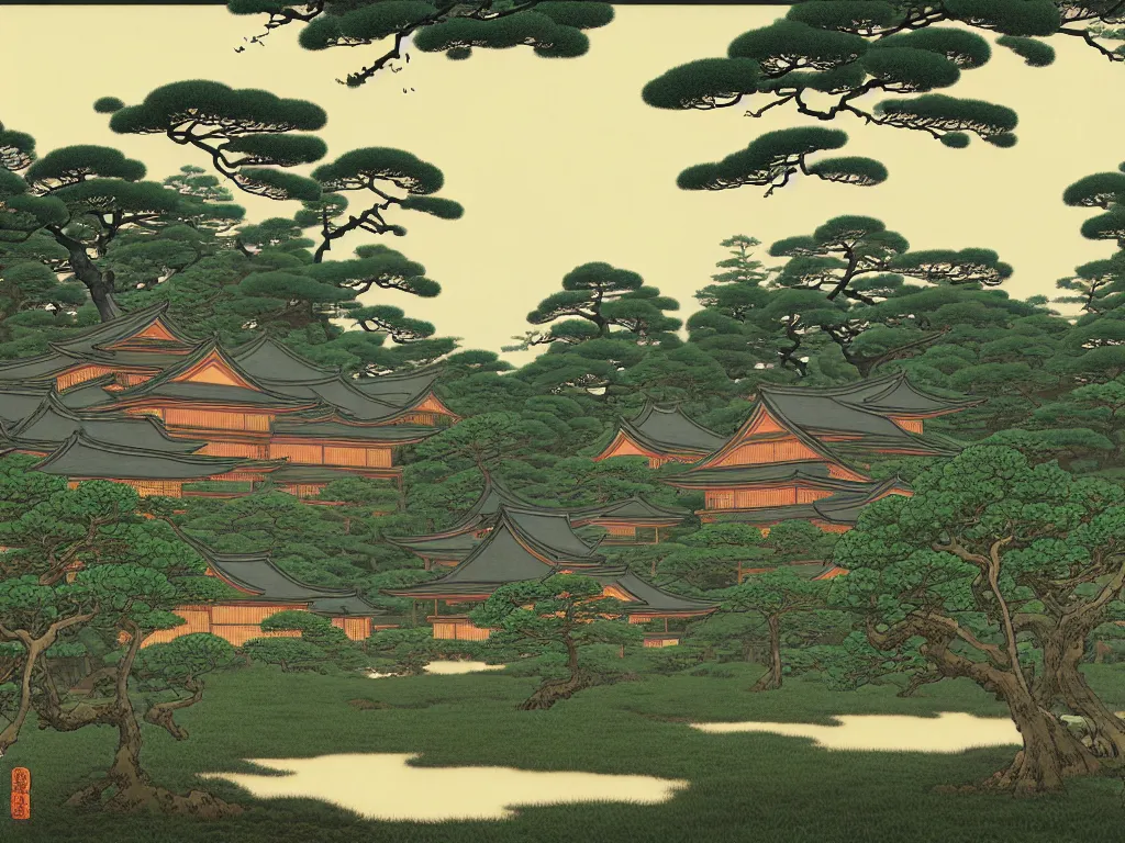 Prompt: a painting of a forest with a house in the background, a detailed matte painting by shin yun - bok, cgsociety, ukiyo - e, fractalism, ukiyo - e, terragen