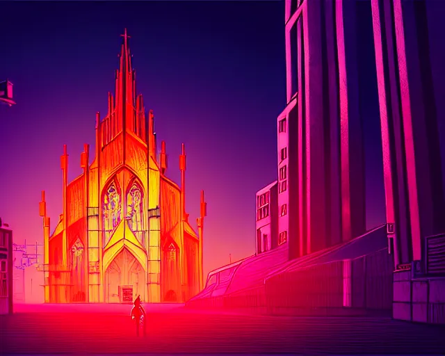 Prompt: a modern gothic cathedral in an ancient city by simon stalenhag and josan gonzalez, cyberpunk, vibrant, neon signs, high contrast, orange lit sky, fuzzy details