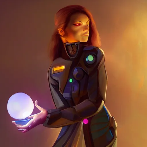 Image similar to a woman in a futuristic suit holding a glowing ball, a character portrait by Bernardino Mei, deviantart contest winner, digital art, digital painting, speedpainting, futuristic