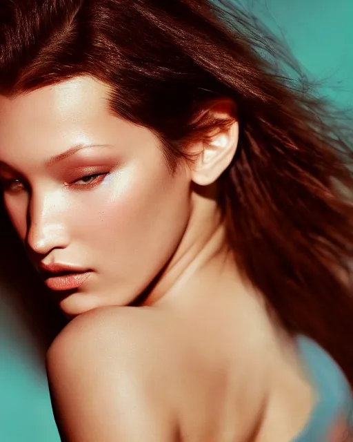 Image similar to bella hadid beautiful cute woman portrait, dynamic, epic, cinematic movie shot of a close full body portrait, expressing joy. inspirational arthouse, high budget, hollywood style, at behance, at netflix, instagram filters, photoshop, adobe lightroom, adobe after effects, taken with polaroid kodak portra