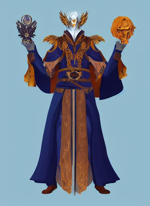 Prompt: male warlock with the head of a hawk, wind magic, blue robes, exquisite details, full body character design, white background, by studio muti