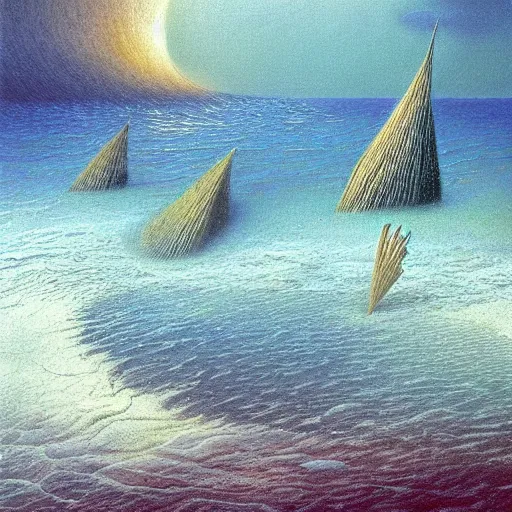 Image similar to scene from a dream. ocean. digital artwork by vincent bons, michael whelan, remedios varo and gerardo dottori. grainy and rough. interesting pastel colour palette. beautiful light. oil and water colour based on high quality render.