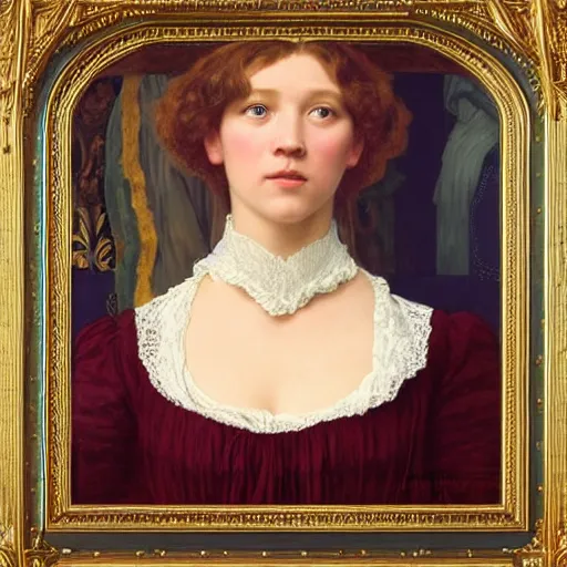 Image similar to portrait en buste of lea seydoux in an edwardian dress by frederic william burton and frederic leighton, abundantly detailed, perfectly detailed eyes