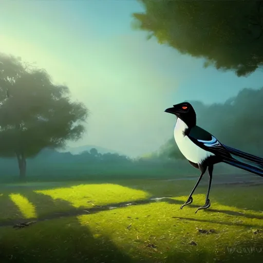 Prompt: magpie bird, urraca in avila, green fields, spring season, 4 k, concept art, by wlop, ilya kuvshinov, artgerm, krenz cushart, greg rutkowski, pixiv. cinematic dramatic atmosphere, sharp focus, volumetric lighting, cinematic lighting, studio quality