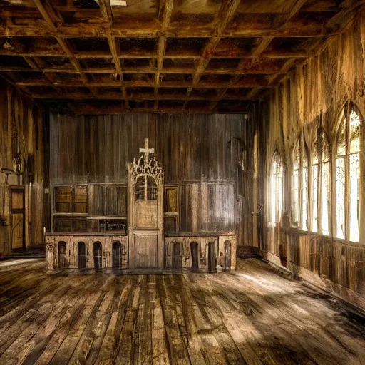 Image similar to picture of a complex disgusting creature, as in movies by david cronenberg, southern gothic, inside of an old wooden church in louisiana, dark and intricate photograph