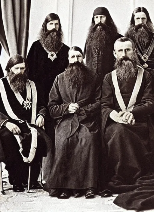 Image similar to a royal court gathering of tsar nicholas, rasputin, circa 1 9 1 4 but as a real life color photo