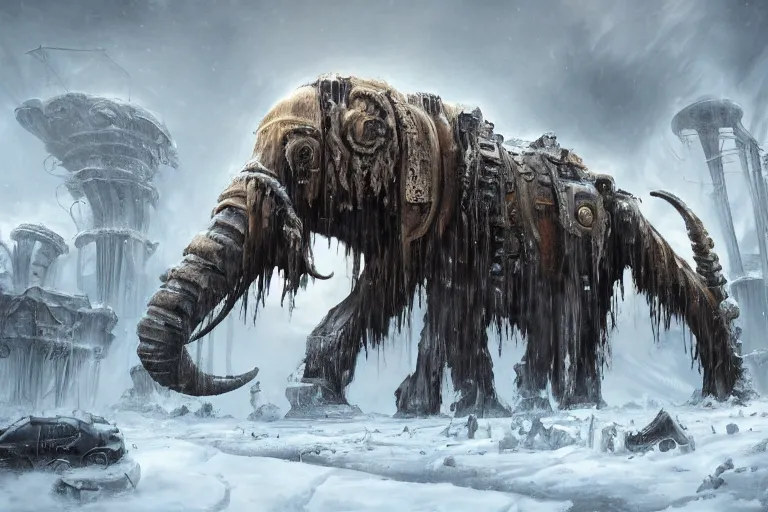 Image similar to a giant steampunk mammoth, post - apocalyptic ice landscape in snowstorm, concept art, artstation, highly detailed, digital art