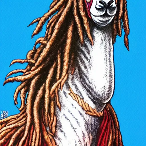 Prompt: llama with dreadlocks, heroic pose, by Katsuhiro Otomo, detailed, high resolution, with beautiful colors