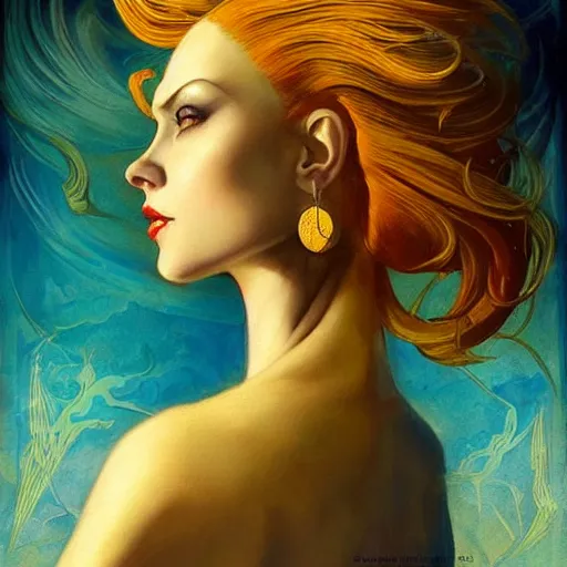 Prompt: a woman with blue and gold hair, an art deco painting by art of brom and karol bak and aurel bernath, featured on behance and cgsociety, fantasy art, gothic art, poster art, art deco, tarot card, pre - raphaelite