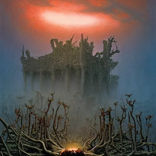 Image similar to an incredibly beautiful but ominous matte painting depicting horrifying huge burning eyes and jagged bloody teeth and thorns, overgrowing a desolate ruins submerged in fog beneath the setting sun by lisa frank and beksinski and wayne barlowe, exquisite detail, post processing, masterpiece, cinematic, sharp focus, deep colors