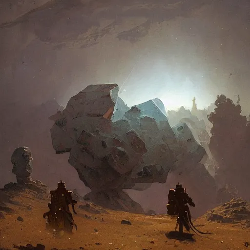 Prompt: a painting of a large smooth crystal cube on a barren alien planet. By carl spitzweg and greg rutkowski