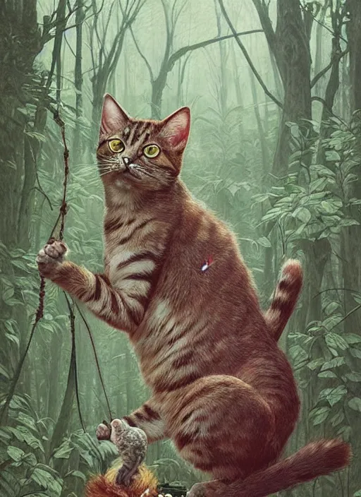 Image similar to a hyper realistic illustrated cat with playing with a bird in the woods gorgeous lighting, lush forest foliage painting by chiara bautista and beksinski and norman rockwell and greg rutkowski weta studio, and lucasfilm