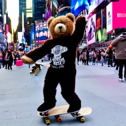 Image similar to a teddy bear skating on a skateboard in times square