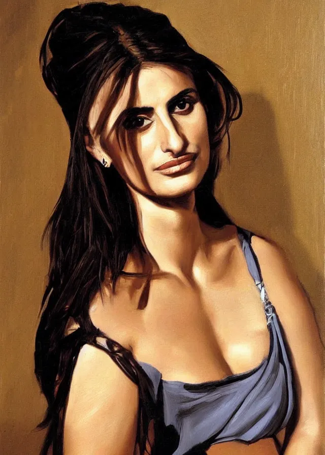 Image similar to oil painting, portrait of penelope cruz, artwork by caravaggio