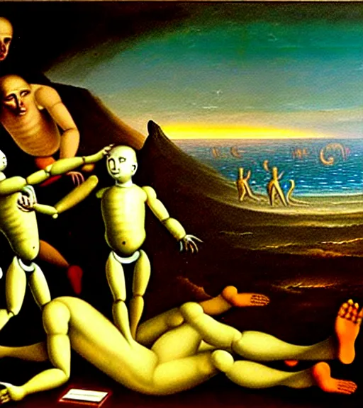 Image similar to a salvador darli painting of the end of human civilisation and the birth of an artificial intelligence revolution